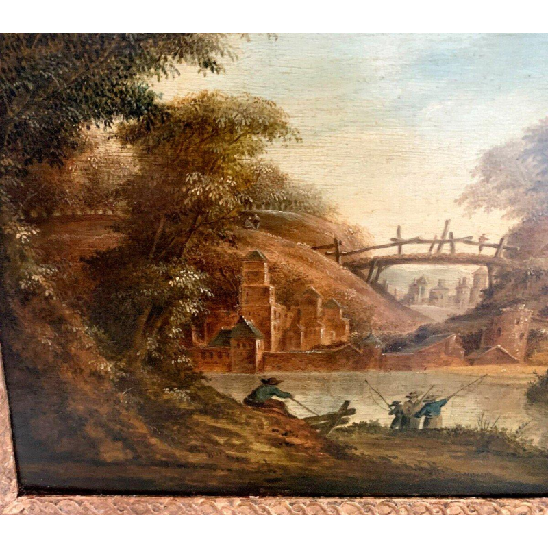 Olieverf op eikenhouten paneel "Levendig landschap" – 19e eeuw