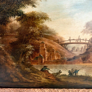 Olieverf op eikenhouten paneel "Levendig landschap" – 19e eeuw