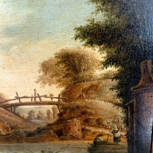 Huile sur panneau de chêne « Paysage animé » – XIXᵉ siècle