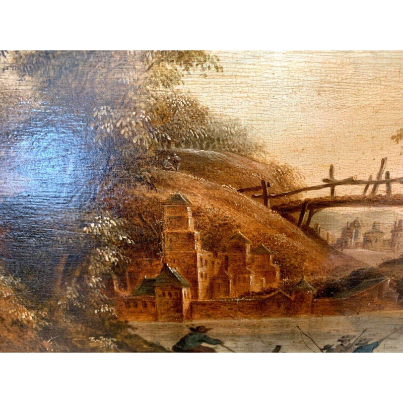 Huile sur panneau de chêne « Paysage animé » – XIXᵉ siècle