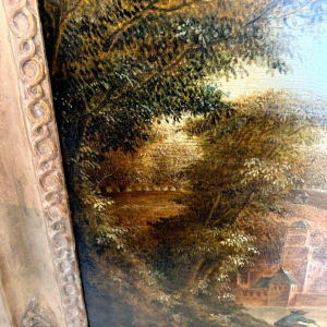 Olieverf op eikenhouten paneel "Levendig landschap" – 19e eeuw