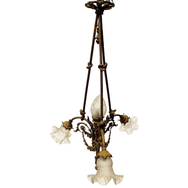 Louis XVI style chandelier in bronze with frosted glass candle holders – 20th century