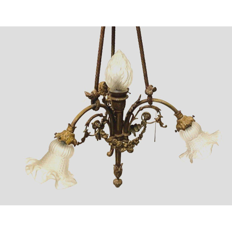 Louis XVI style chandelier in bronze with frosted glass candle holders – 20th century
