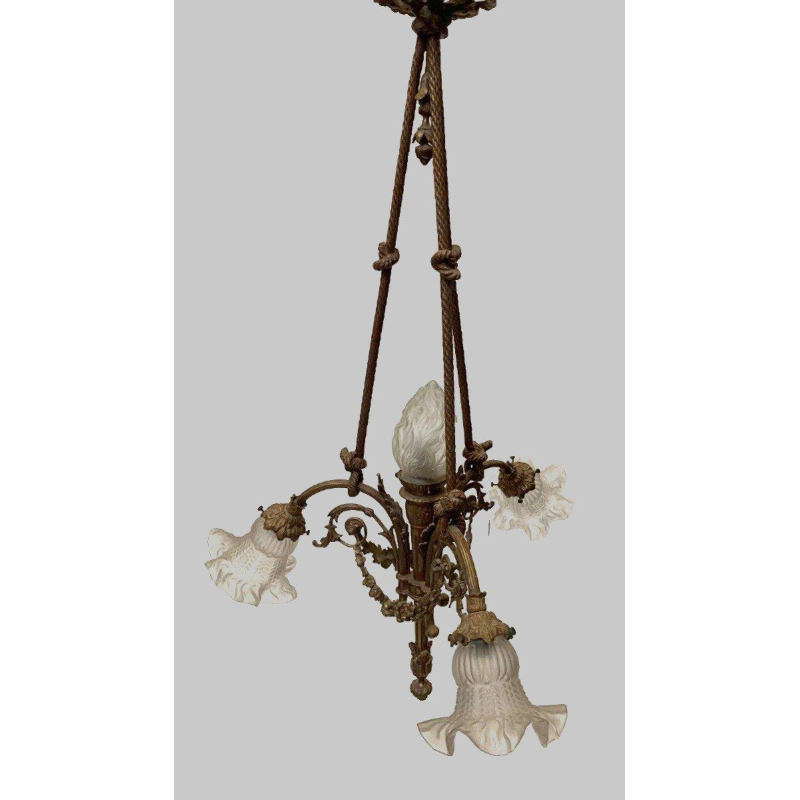 Louis XVI style chandelier in bronze with frosted glass candle holders – 20th century