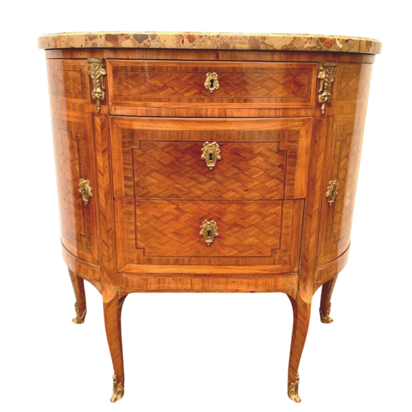 Halvemaanvormige commode in Lodewijk XVI-stijl met marqueterie en kubusvormige voet – 20e eeuw