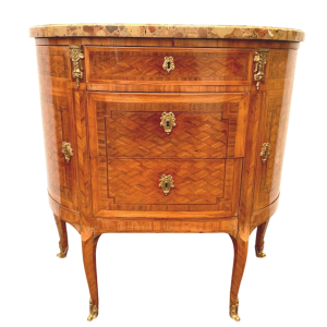Commode en demi-lune de style Louis XVI en marqueterie à fond de cubes – XXᵉ siècle