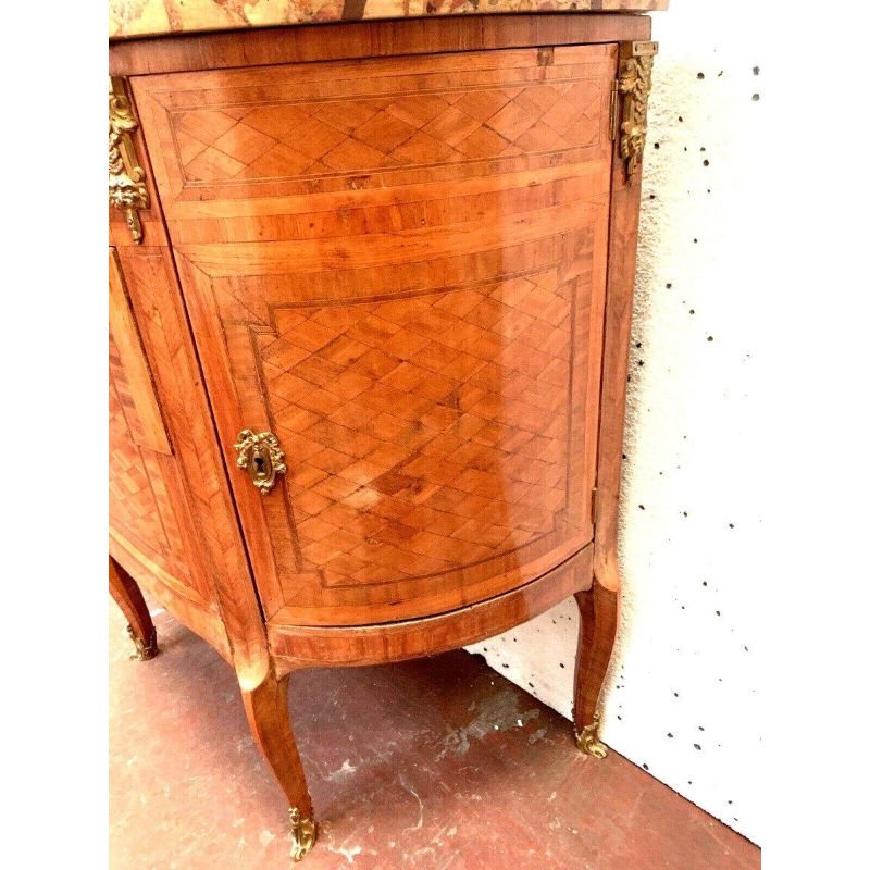 Halvemaanvormige commode in Lodewijk XVI-stijl met marqueterie en kubusvormige voet – 20e eeuw