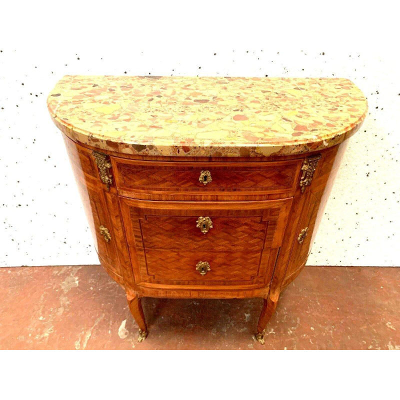 Halvemaanvormige commode in Lodewijk XVI-stijl met marqueterie en kubusvormige voet – 20e eeuw