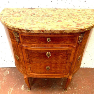 Louis XVI style half-moon commode in marquetry with a cube base – 20th century