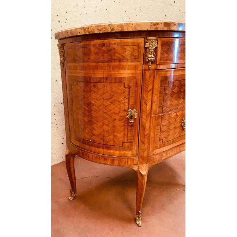 Halvemaanvormige commode in Lodewijk XVI-stijl met marqueterie en kubusvormige voet – 20e eeuw