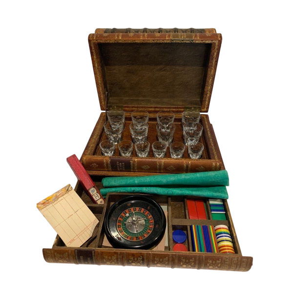 Liquor cabinet and games box disguised as antique books – 20th century