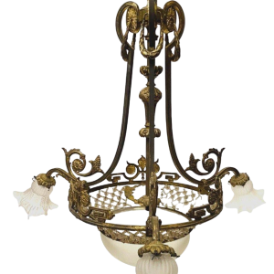 Lustre de style Louis XV en bronze et verre dépoli – début XXᵉ siècle