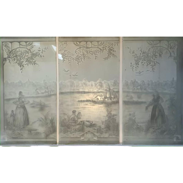 Set of three acid-etched glass panels, "Animated Landscape, Figures," late 19th century