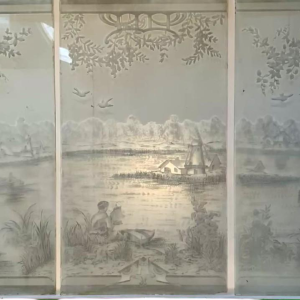 Set of three acid-etched glass panels, "Animated Landscape, Figures," late 19th century