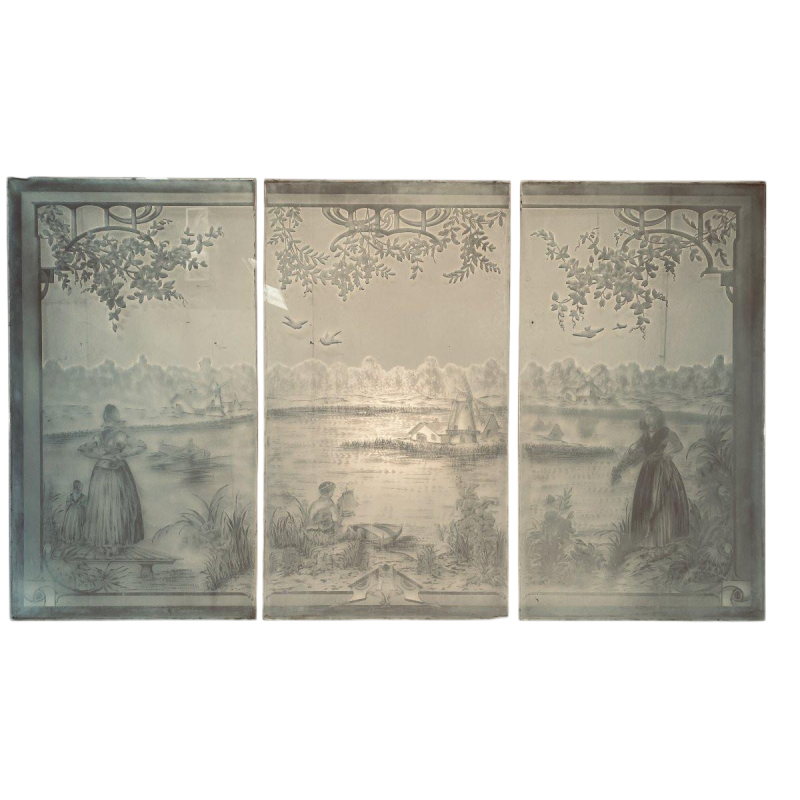 Ensemble de trois vitres gravées à l'acide "Paysage animé, personnages" fin XIXᵉ siècle