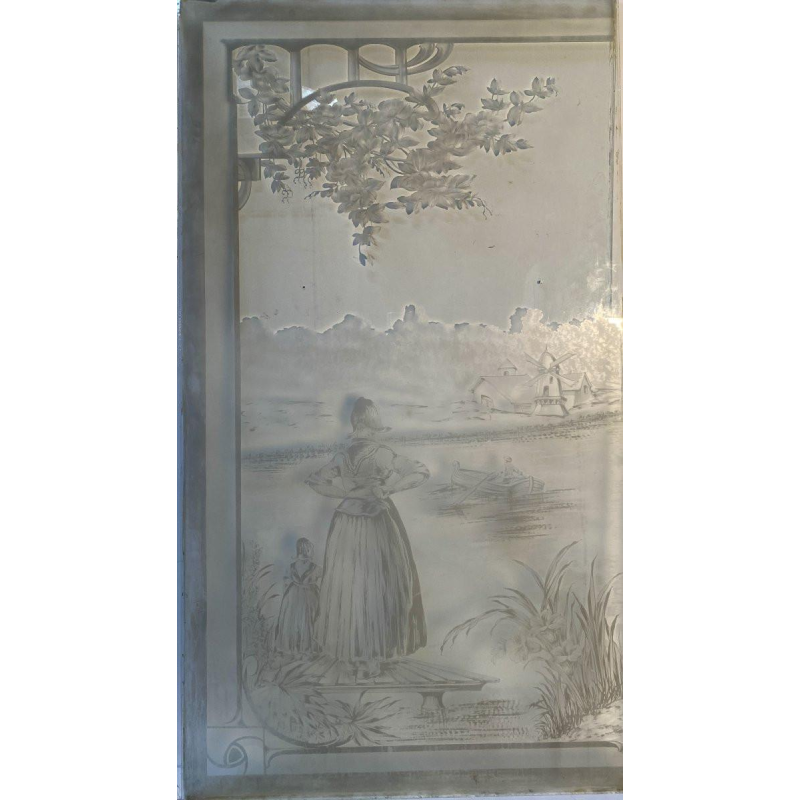 Ensemble de trois vitres gravées à l'acide "Paysage animé, personnages" fin XIXᵉ siècle