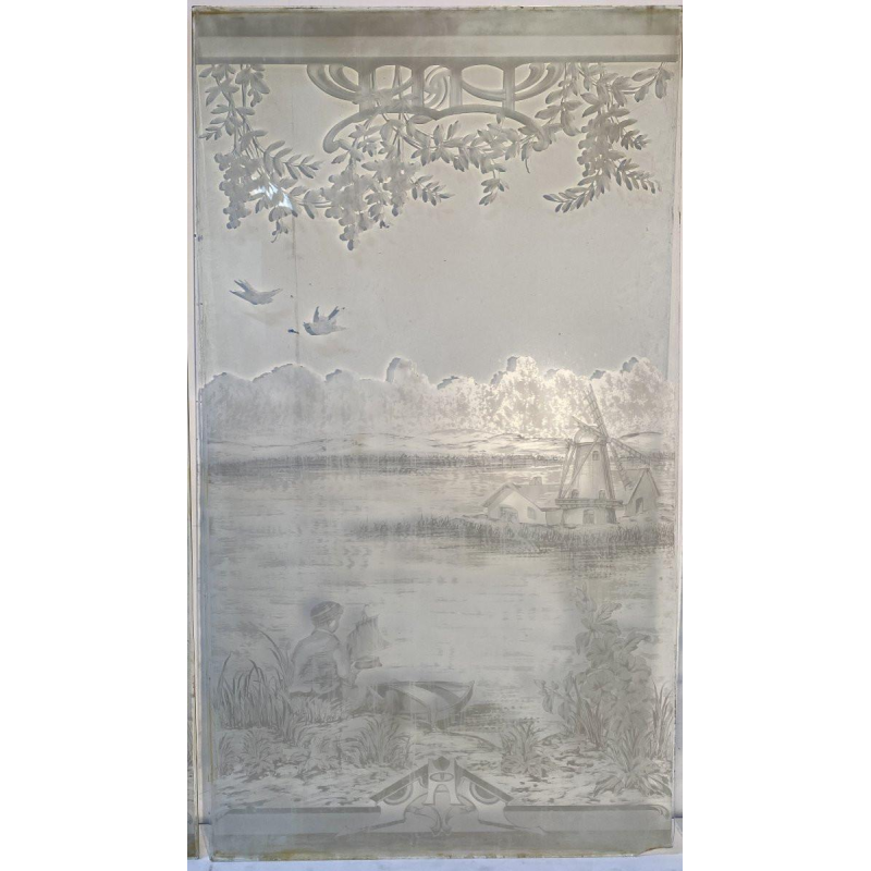 Ensemble de trois vitres gravées à l'acide "Paysage animé, personnages" fin XIXᵉ siècle