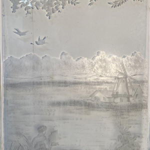 Set van drie geëtste glazen panelen, "Geanimeerd landschap, figuren", eind 19e eeuw