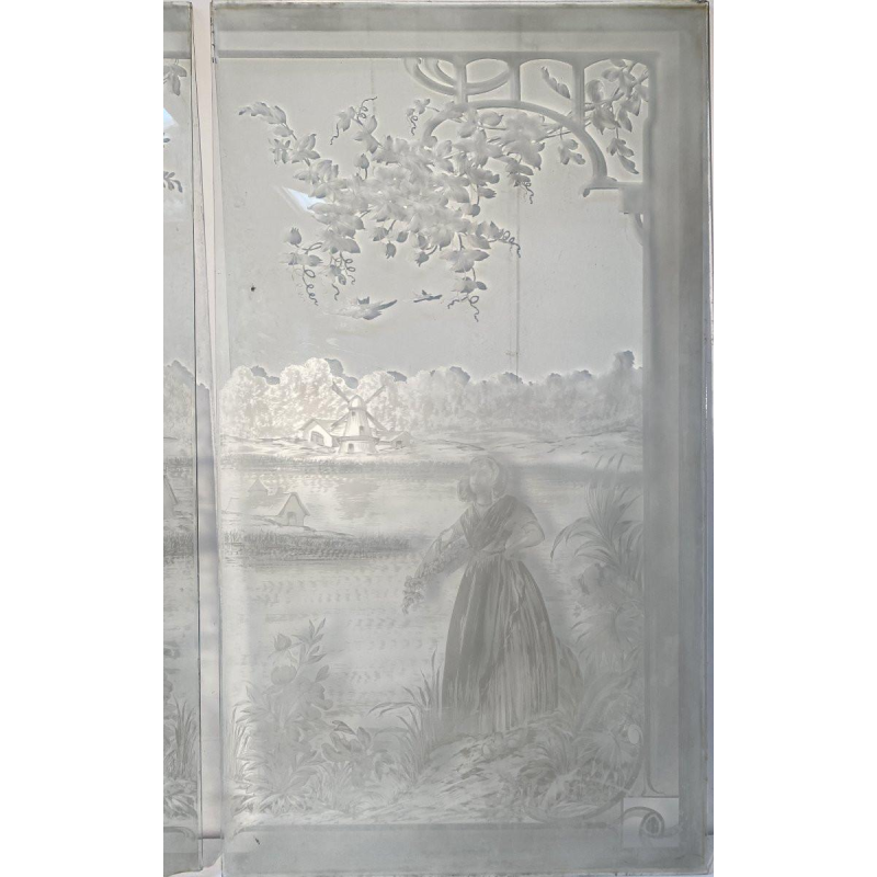 Ensemble de trois vitres gravées à l'acide "Paysage animé, personnages" fin XIXᵉ siècle