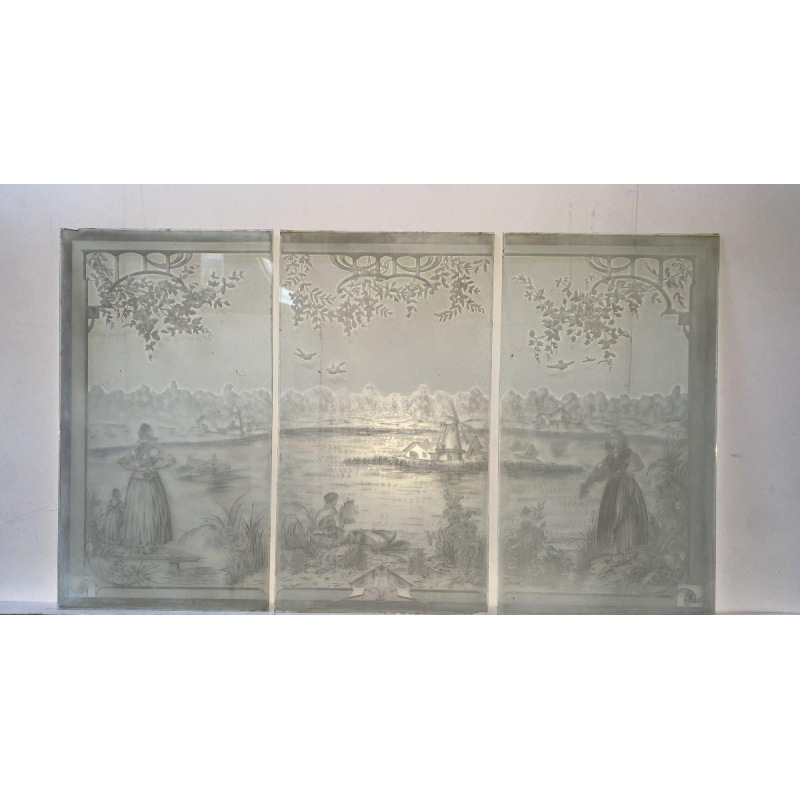 Set of three acid-etched glass panels, "Animated Landscape, Figures," late 19th century