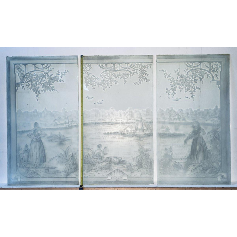 Set of three acid-etched glass panels, "Animated Landscape, Figures," late 19th century