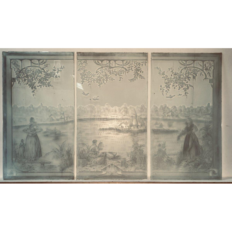 Set of three acid-etched glass panels, "Animated Landscape, Figures," late 19th century