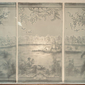 Set van drie geëtste glazen panelen, "Geanimeerd landschap, figuren", eind 19e eeuw