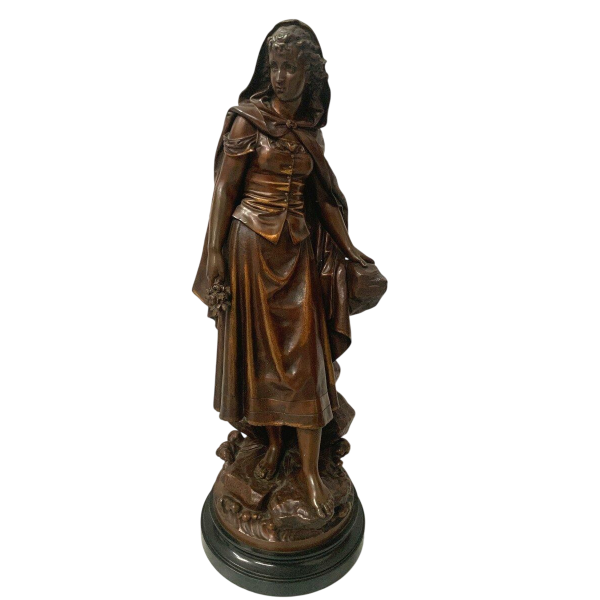 Pierre Ernst Bouret "Young Girl in a Cape" patinated bronze sculpture, 20th century