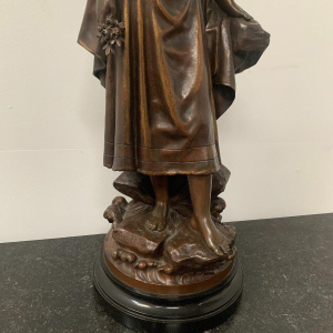 Pierre Ernst Bouret "Young Girl in a Cape" patinated bronze sculpture, 20th century