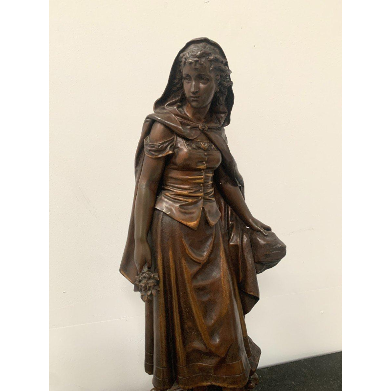 Pierre Ernst Bouret "Young Girl in a Cape" patinated bronze sculpture, 20th century