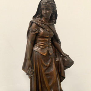 Pierre Ernst Bouret "Young Girl in a Cape" patinated bronze sculpture, 20th century