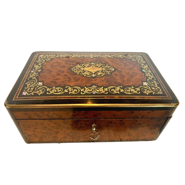 Jewelry box in thuya burl and engraved brass marquetry, 19th century