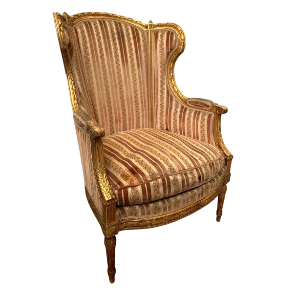 Vergulde houten fauteuil in Lodewijk XVI-stijl met kussen, 20e eeuw