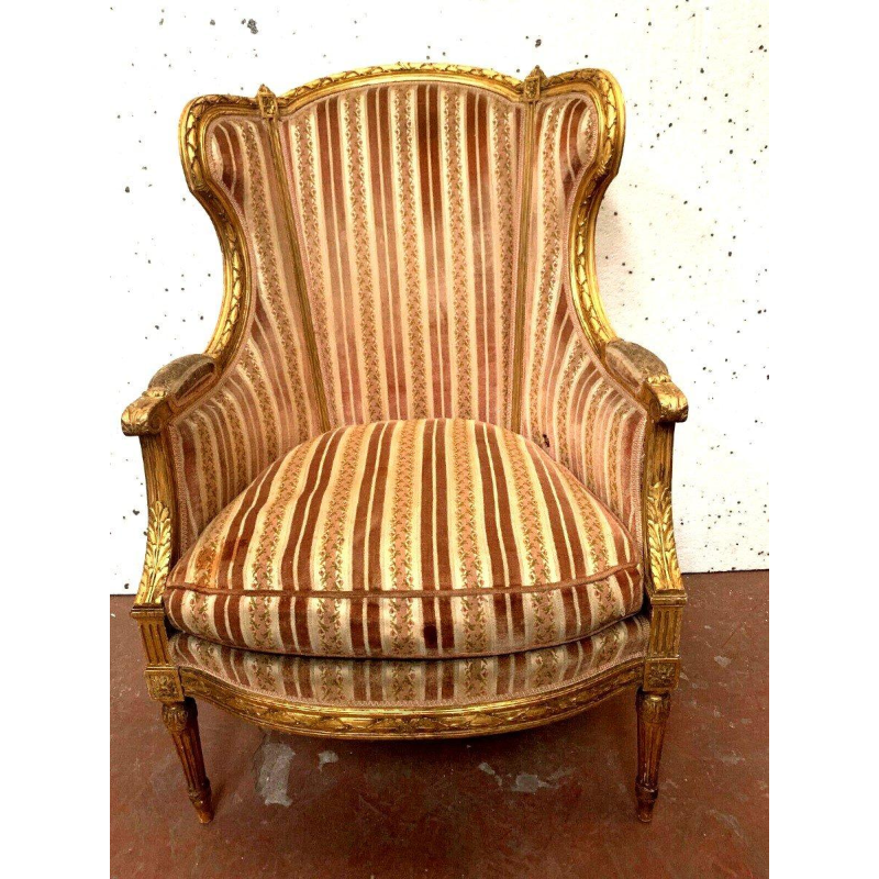 Bergère à coussin de style Louis XVI en bois doré, XXᵉ siècle