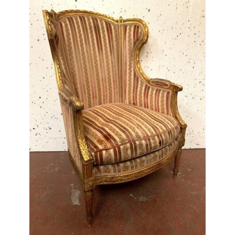 Bergère à coussin de style Louis XVI en bois doré, XXᵉ siècle