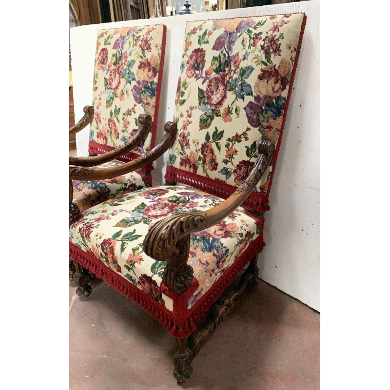 Pair of Renaissance Style Armchairs in Solid Walnut, 19th Century
