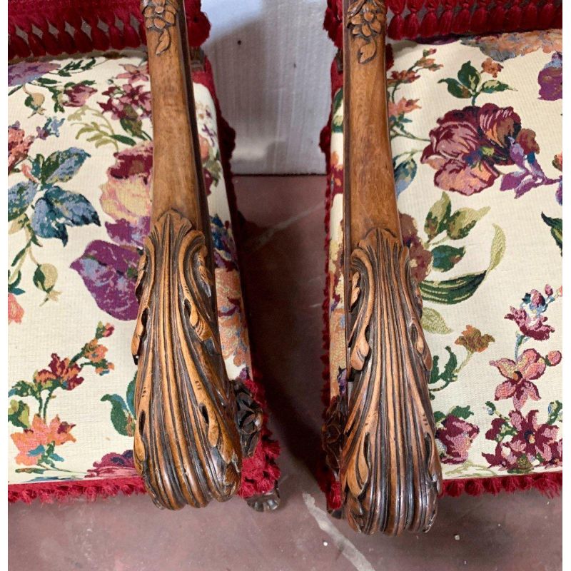 Pair of Renaissance Style Armchairs in Solid Walnut, 19th Century