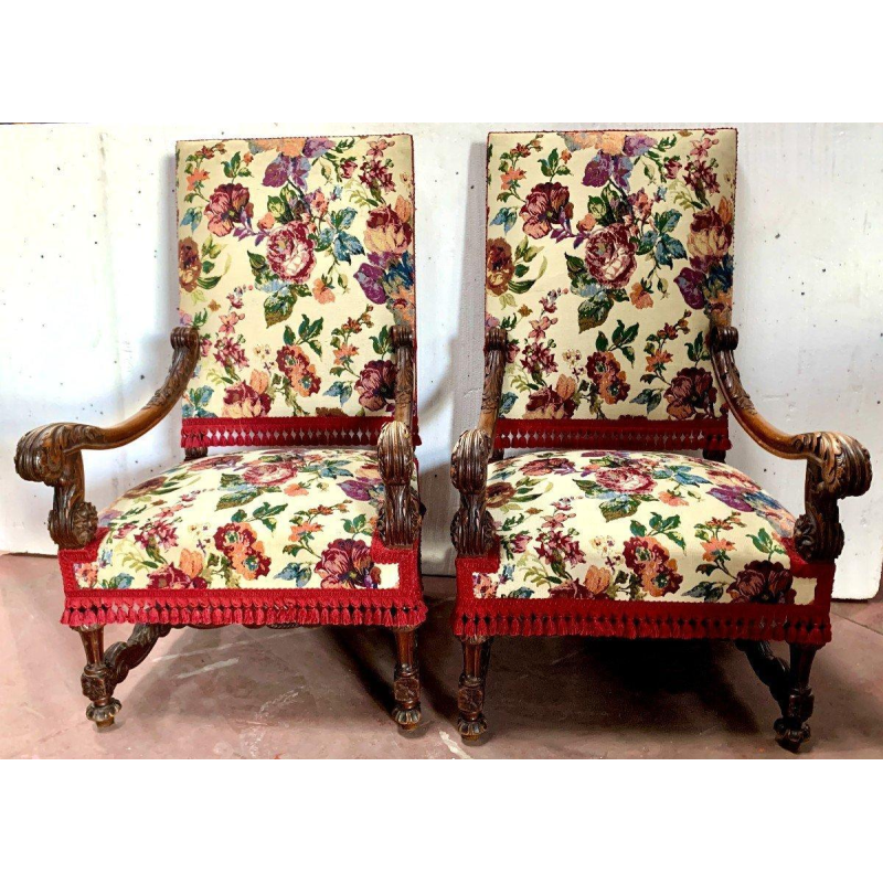 Pair of Renaissance Style Armchairs in Solid Walnut, 19th Century