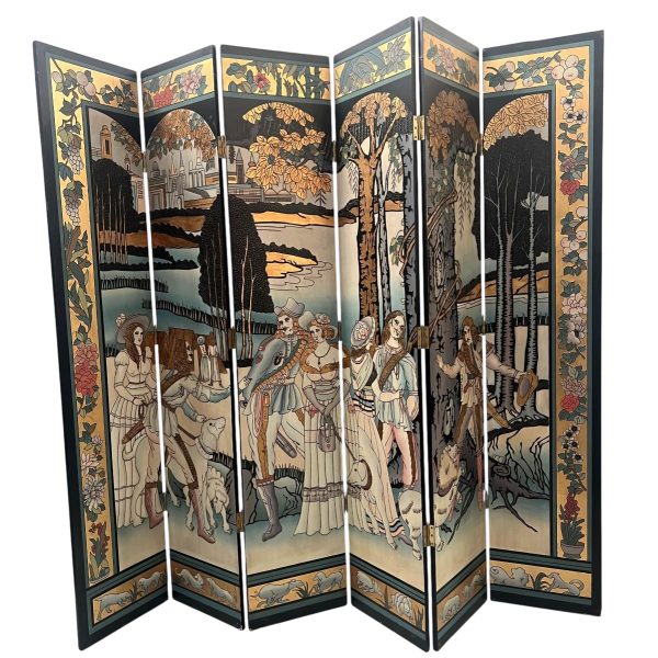 Paravent de style à six panneaux peints, XXᵉ siècle