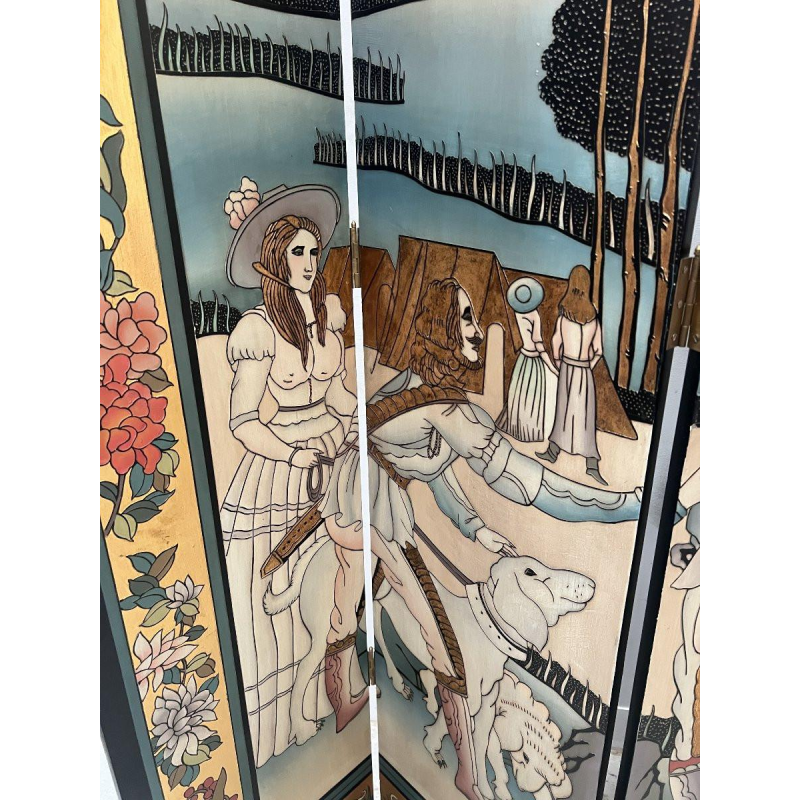 Paravent de style à six panneaux peints, XXᵉ siècle