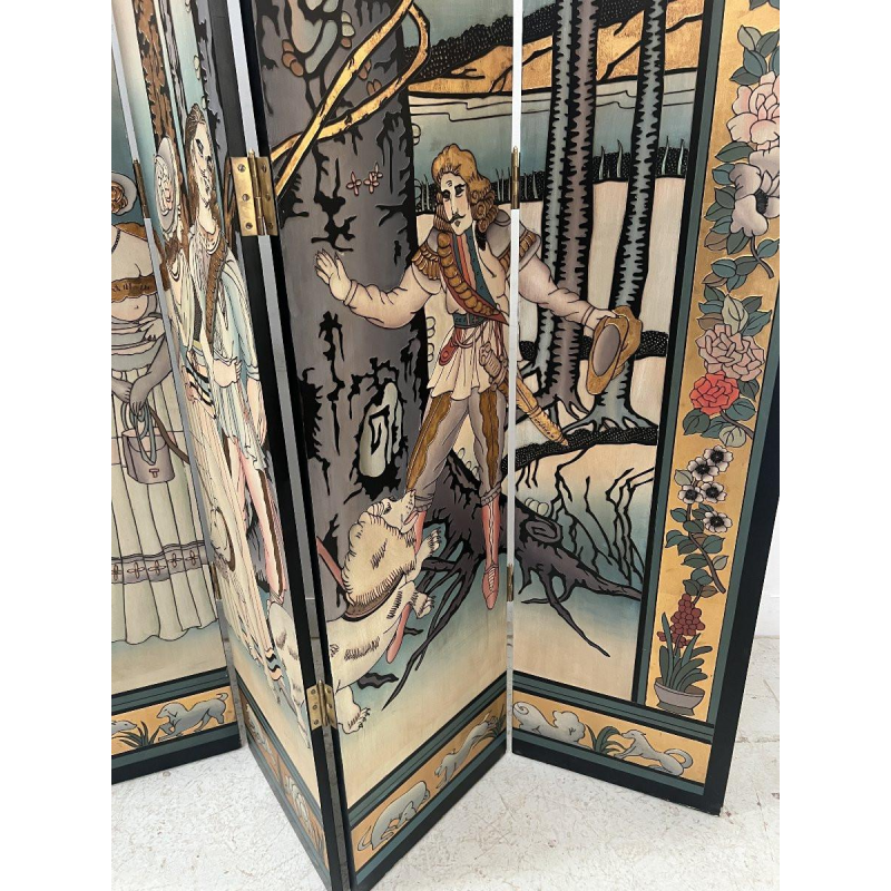 Een beschilderd vouwscherm met zes panelen, 20e eeuw.