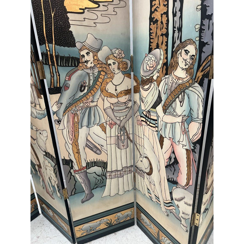 Een beschilderd vouwscherm met zes panelen, 20e eeuw.