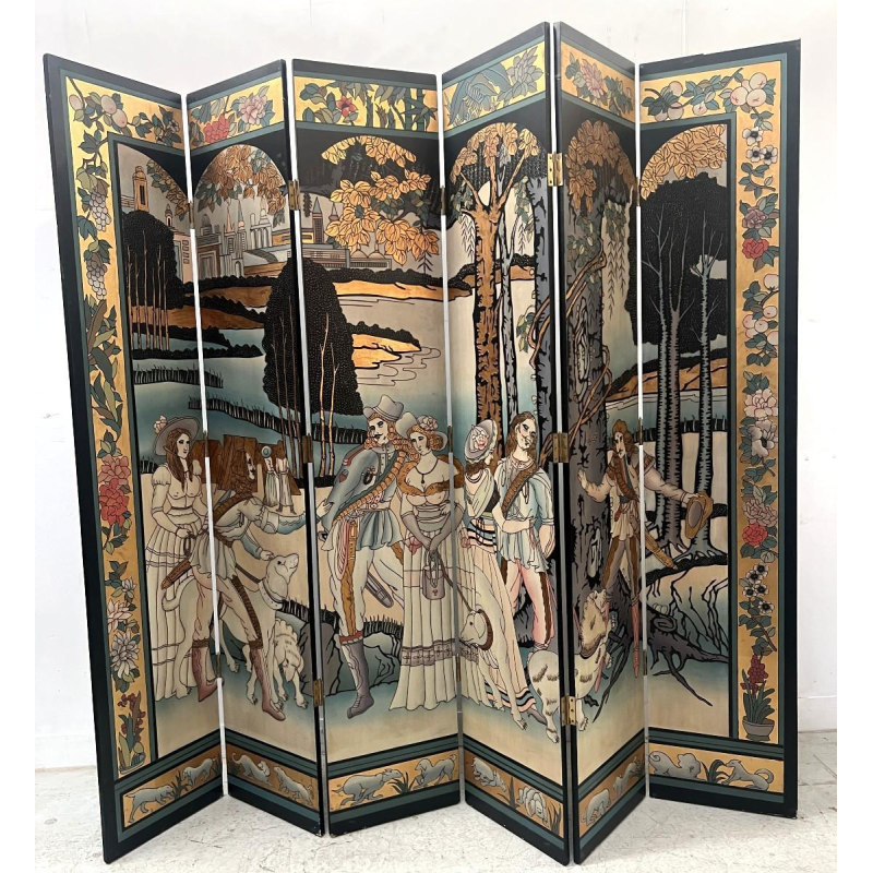 A six-panel painted folding screen, 20th century