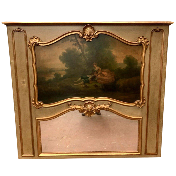 Trumeau « Scène galante en campagne » de style Louis XV en bois patiné et doré, XXᵉ siècle