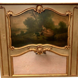 Trumeau "Gallant Scene in the Countryside" in Louis XV style, patinated and gilded wood, 20th century