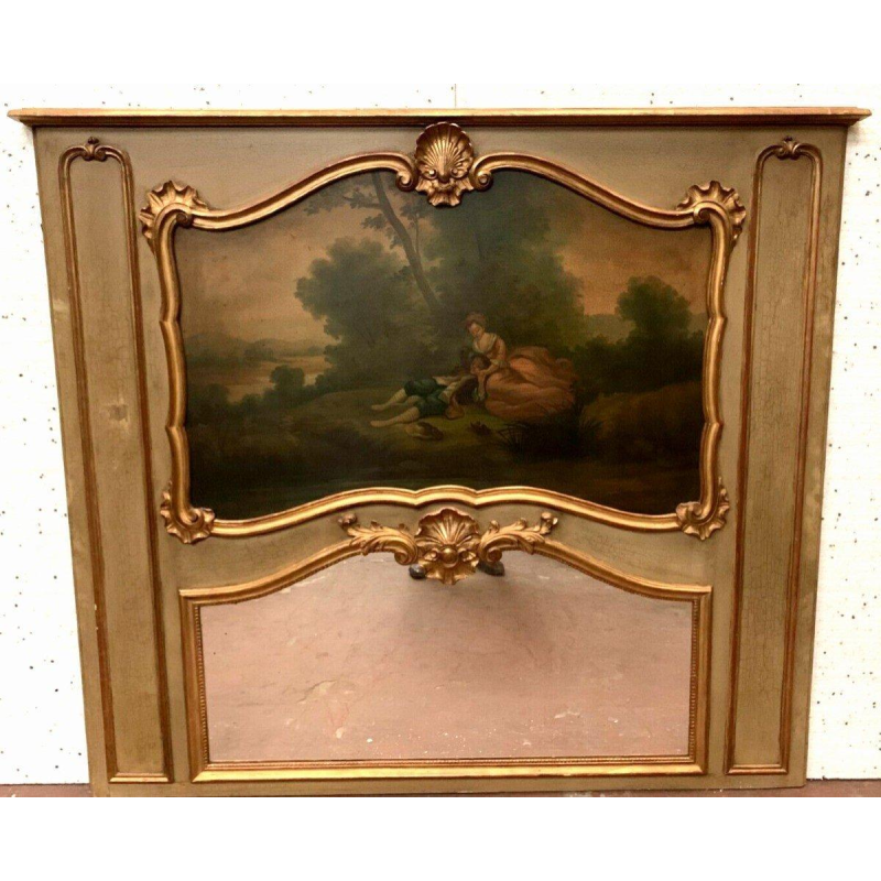 Trumeau « Scène galante en campagne » de style Louis XV en bois patiné et doré, XXᵉ siècle