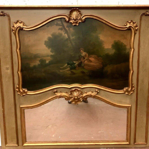Trumeau "Gallant Scene in the Countryside" in Louis XV style, patinated and gilded wood, 20th century