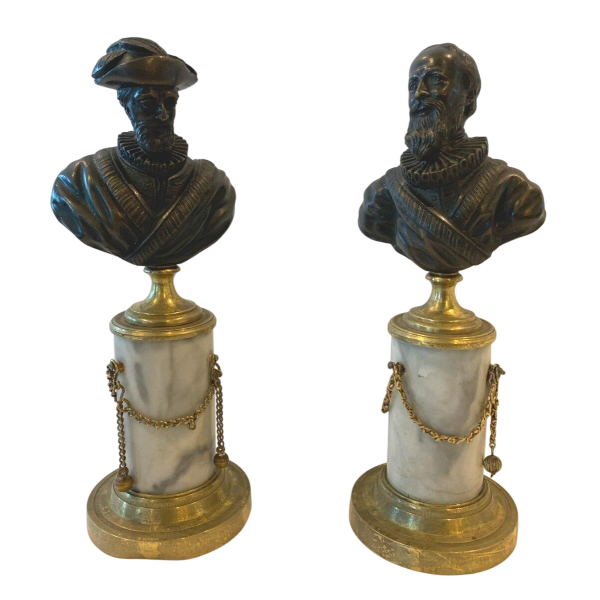 Pair of Napoleon III busts "Henri IV and the Duke of Sully" chased bronze, 19th century