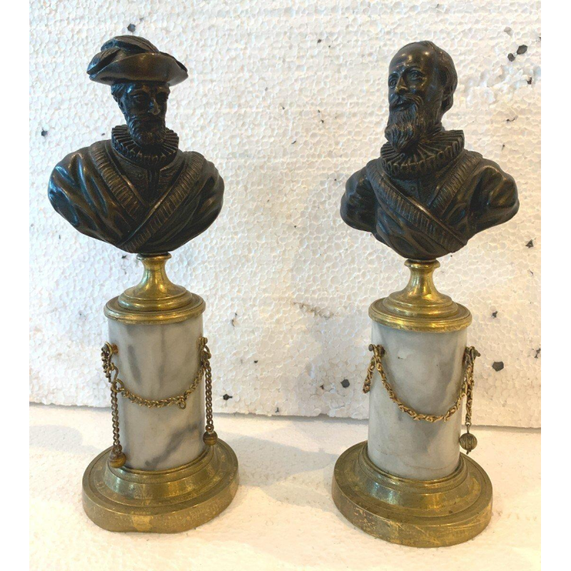 Pair of Napoleon III busts "Henri IV and the Duke of Sully" chased bronze, 19th century