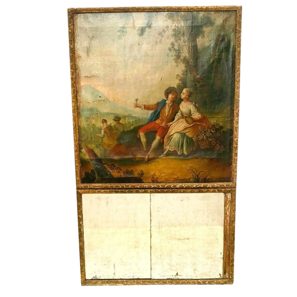 Miroir trumeau de style Louis XV "Scène Romantique" bois sculpté, huile sur toile, XIXᵉ siècle